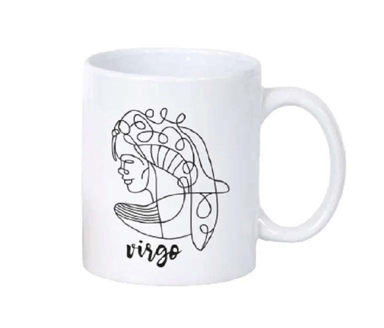 White Ceramic Mug - Zodiac Sign - 0.325 L showcasing a Virgo symbol in elegant black line art. Great for horoscope fans and daily coffee rituals.