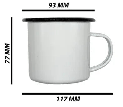 Size dimensions of customizable vintage enamel mug: 117mm wide, 93mm top diameter, 77mm height, ideal for everyday use.