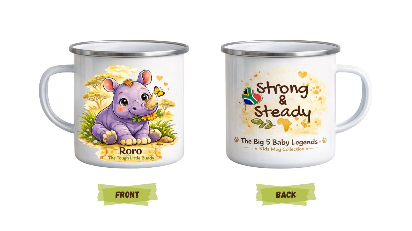 Two mugs with a baby hippo illustration and text on a white background