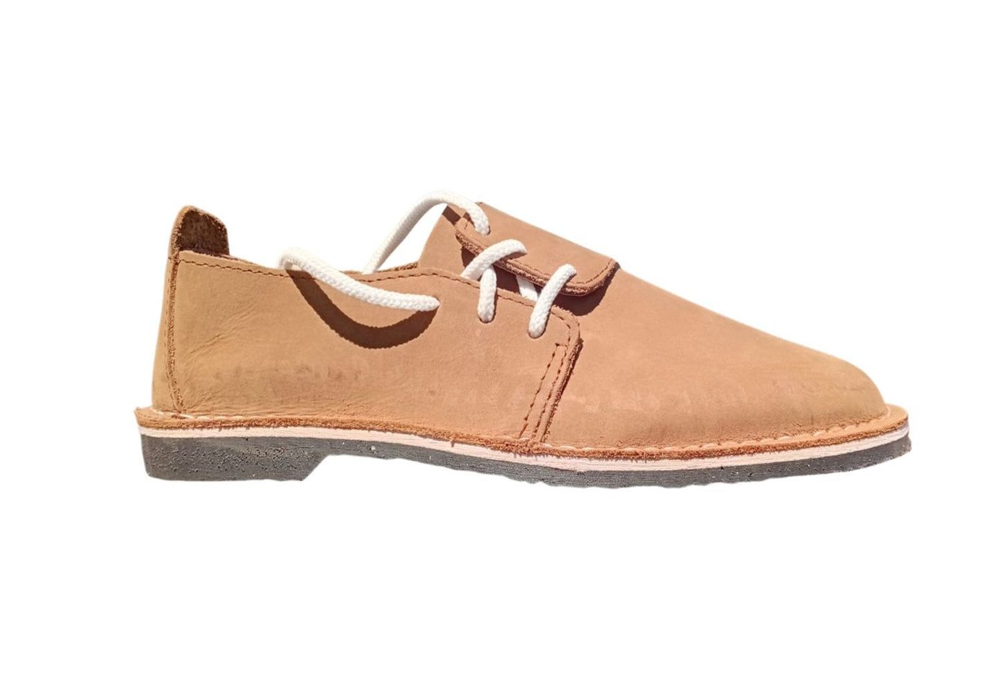 Tan casual vellies shoe with white laces on a white background