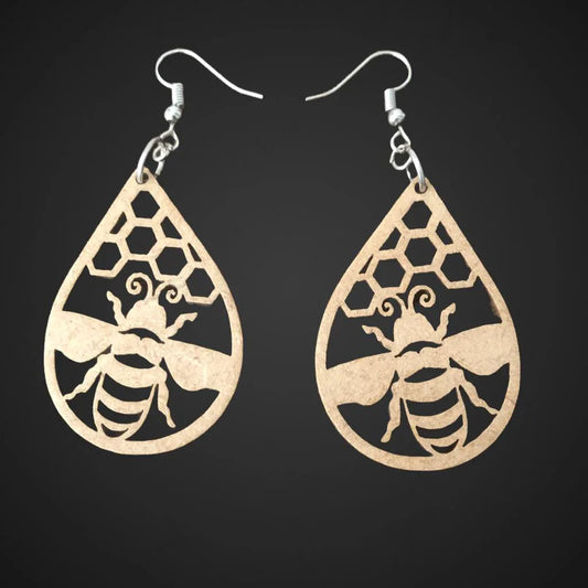 Bee/Honeycomb and Bee in Large Teardrop Wooden Earrings - Laser Cut - African Pride Collection