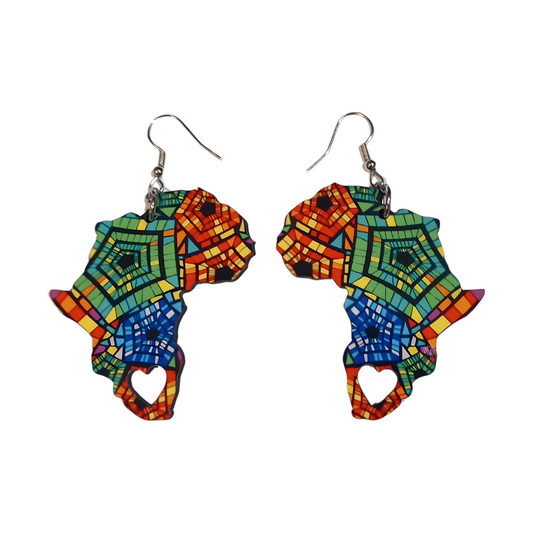 Africa Map Earrings - Multi-Colours African Fabric-Inspired