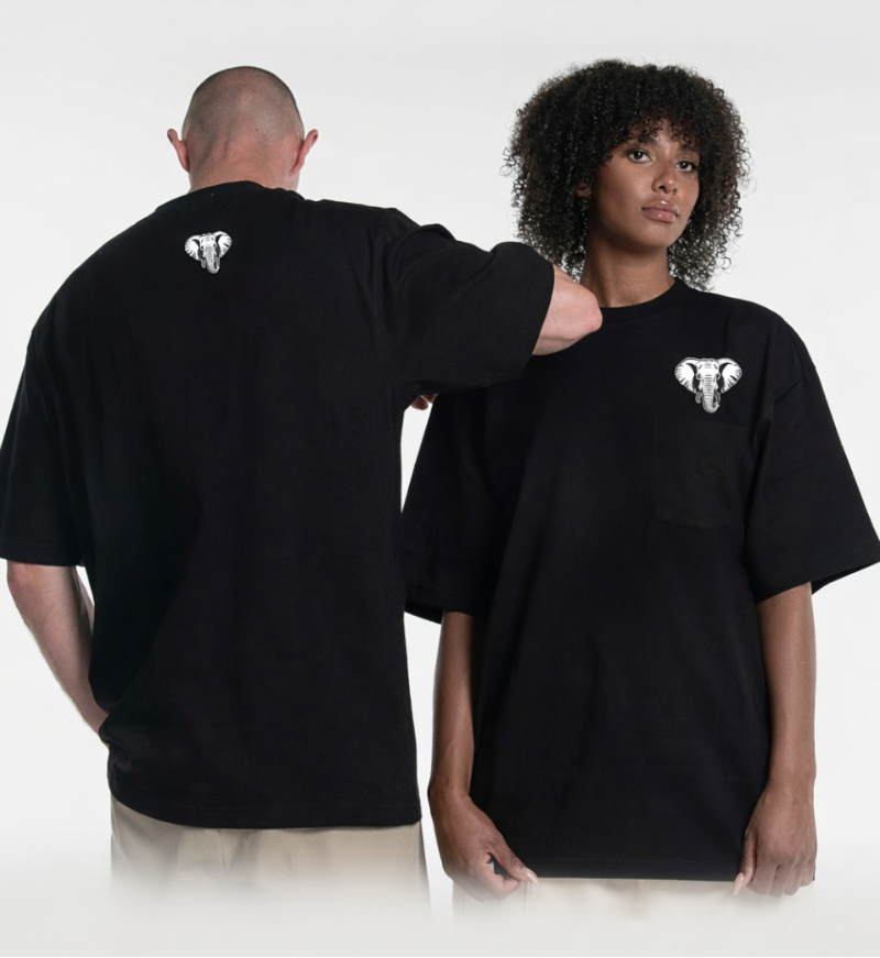 Two people wearing black t-shirts with an elephant design, labeled 'African Pride Collection'.