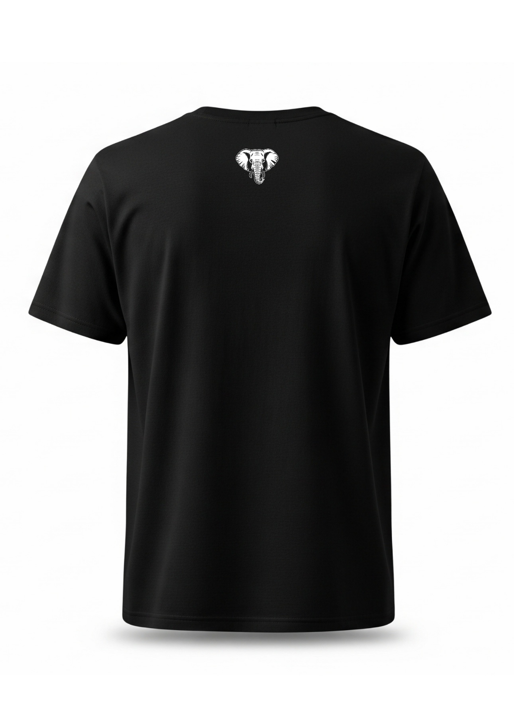 Black t-shirt with a white logo on the back against a white background
