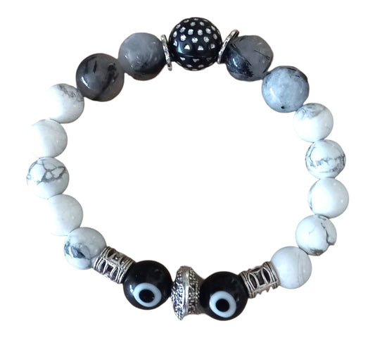 Black Evil Eye with Howlite and Black Rutilated Quartz Bracelet