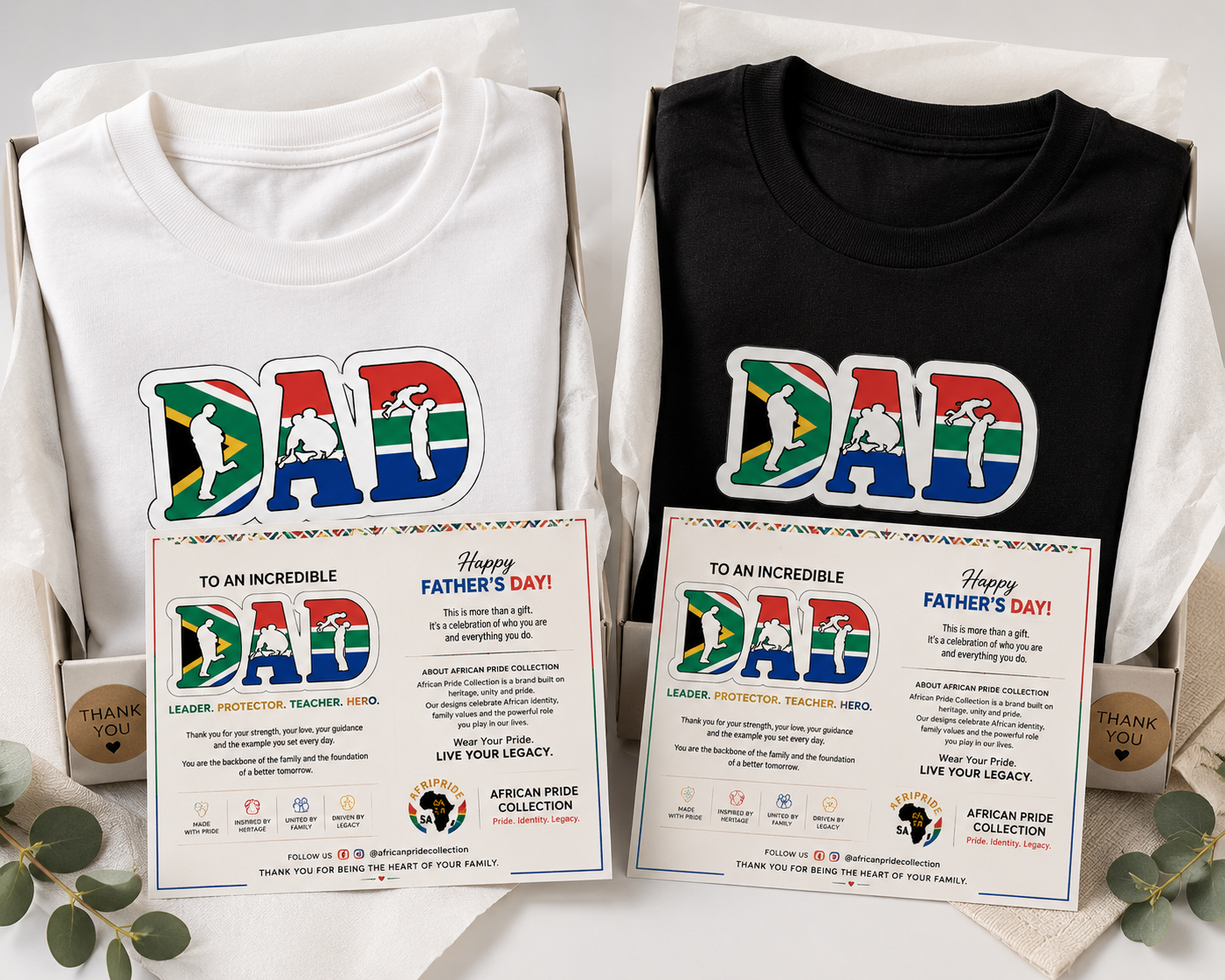 Two t-shirts with 'DAD' design and certificates in a box on a white background