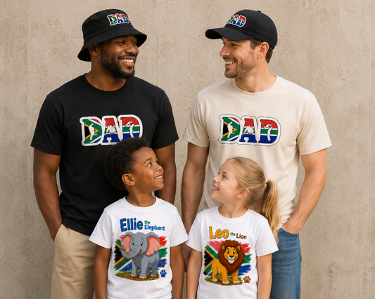 Two men and two children wearing t-shirts with 'DAD' and cartoon characters on a plain background