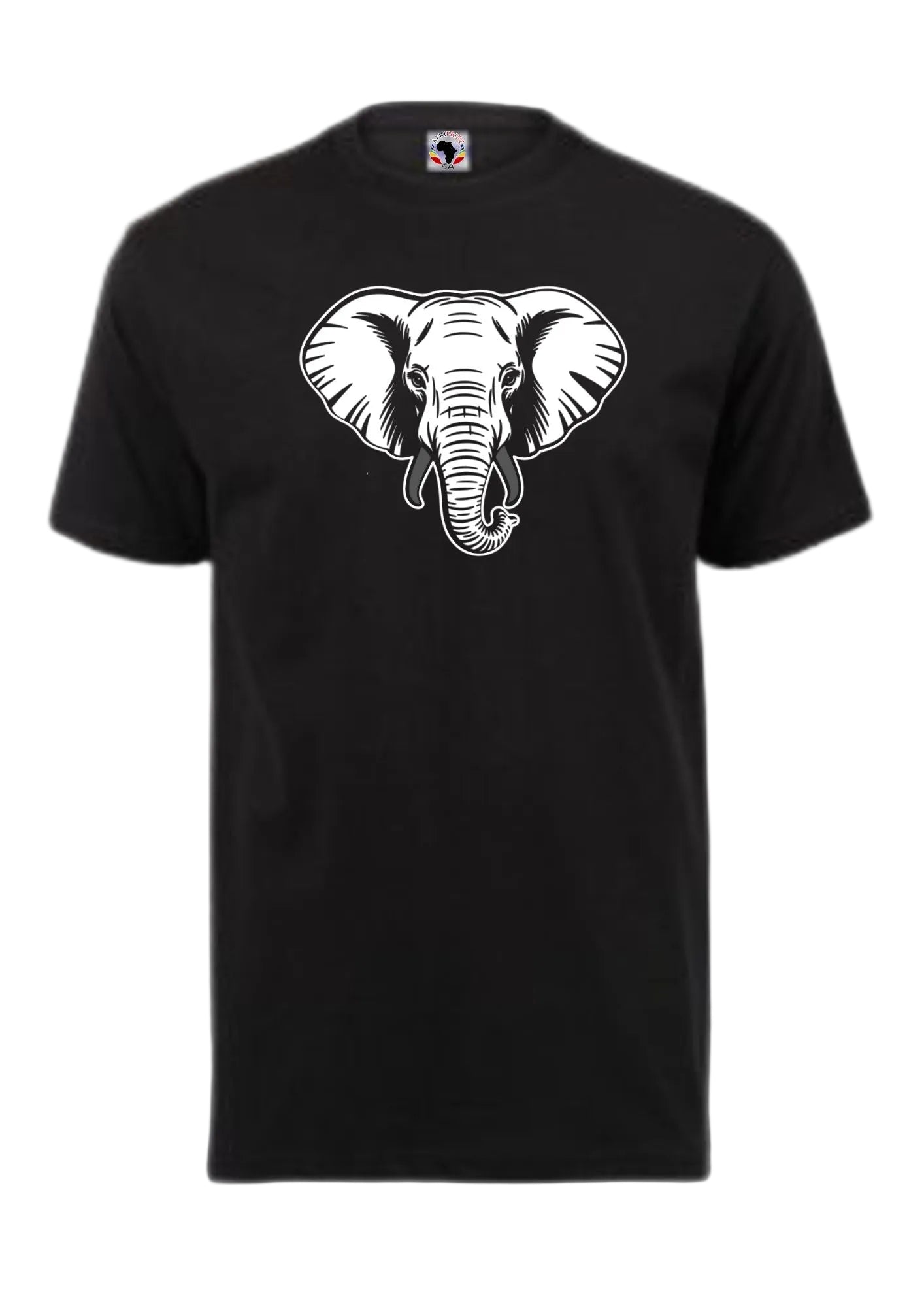 Black t-shirt with a white elephant design on a white background