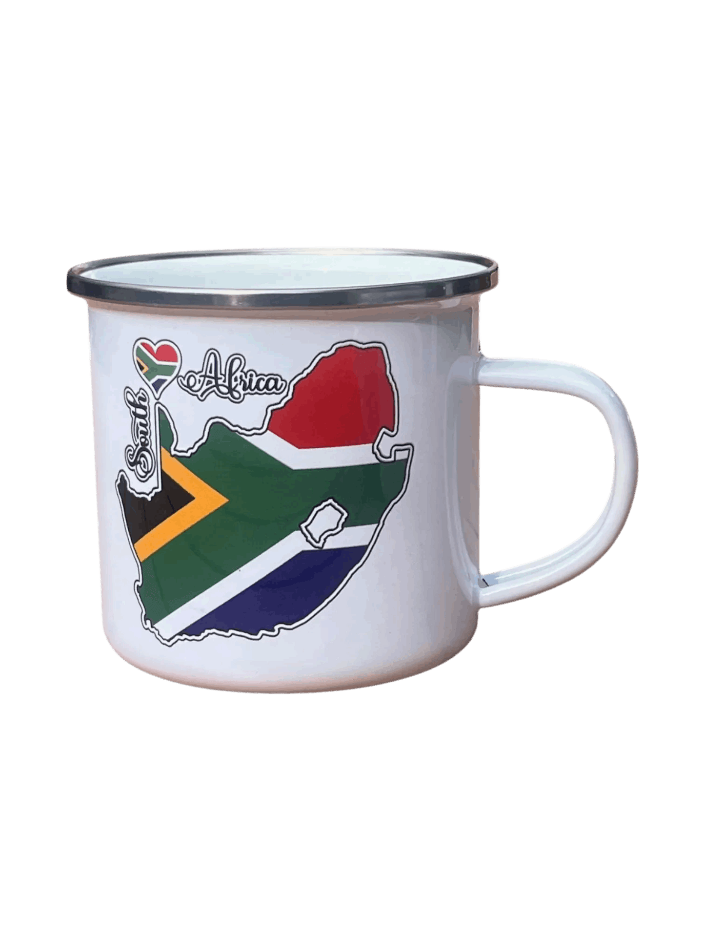 Retro enamel mug with South African flag in map shape, customizable and ideal for patriotic or travel-themed gifts.