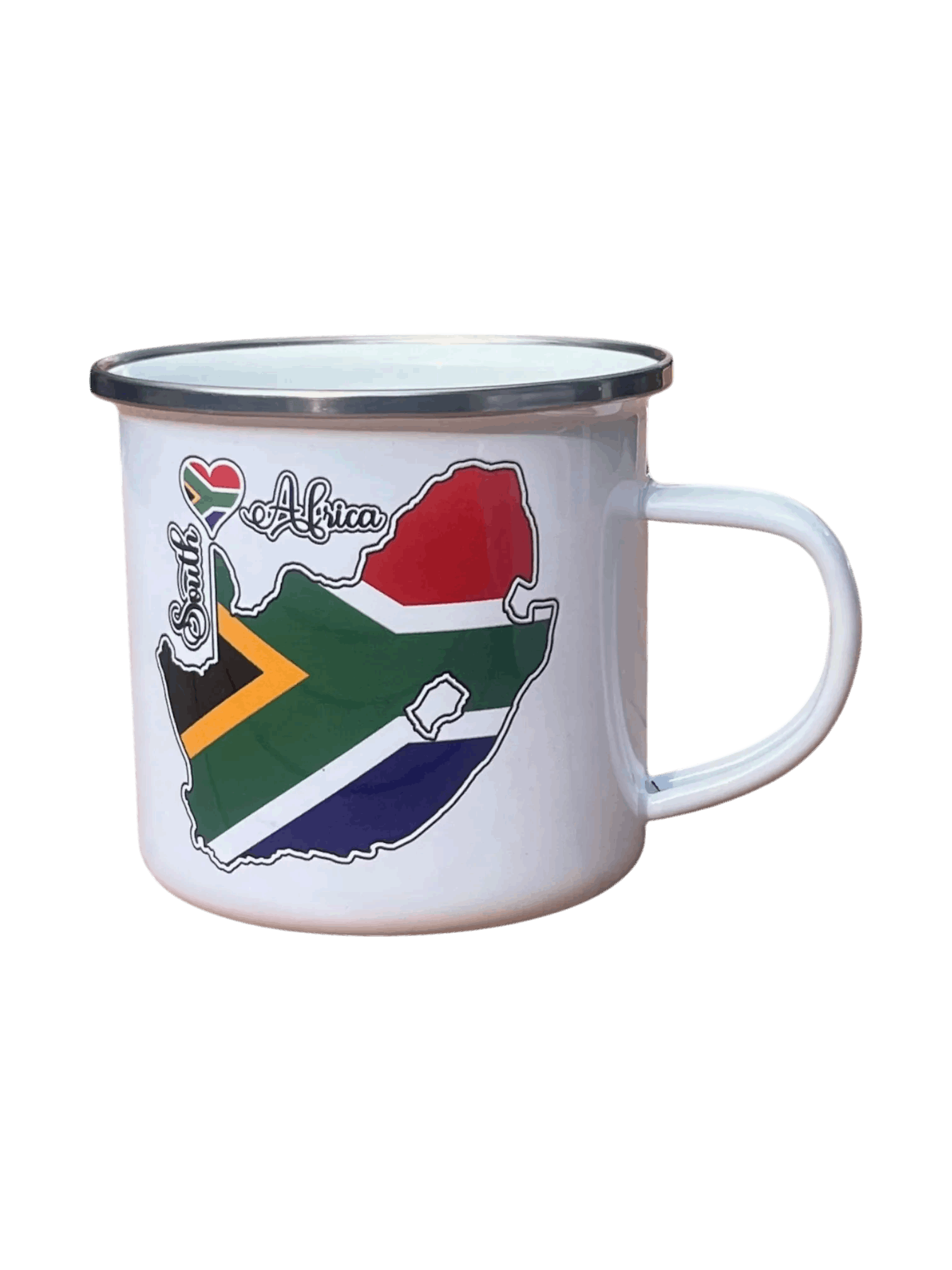 Retro enamel mug with South African flag in map shape, customizable and ideal for patriotic or travel-themed gifts.