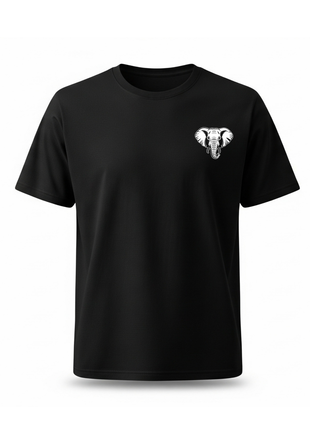Black t-shirt with a white elephant design on a white background