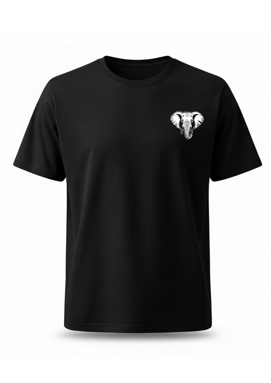 Black t-shirt with a white elephant design on a white background