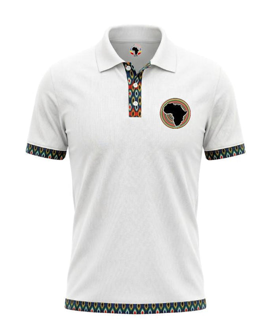 White polo shirt with a colorful tie and African design emblem on a white background