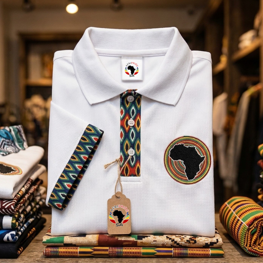 White shirt with African-themed tie and accessories on a wooden surface