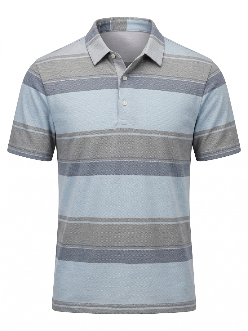 Striped polo shirt with blue and gray horizontal stripes on a white background