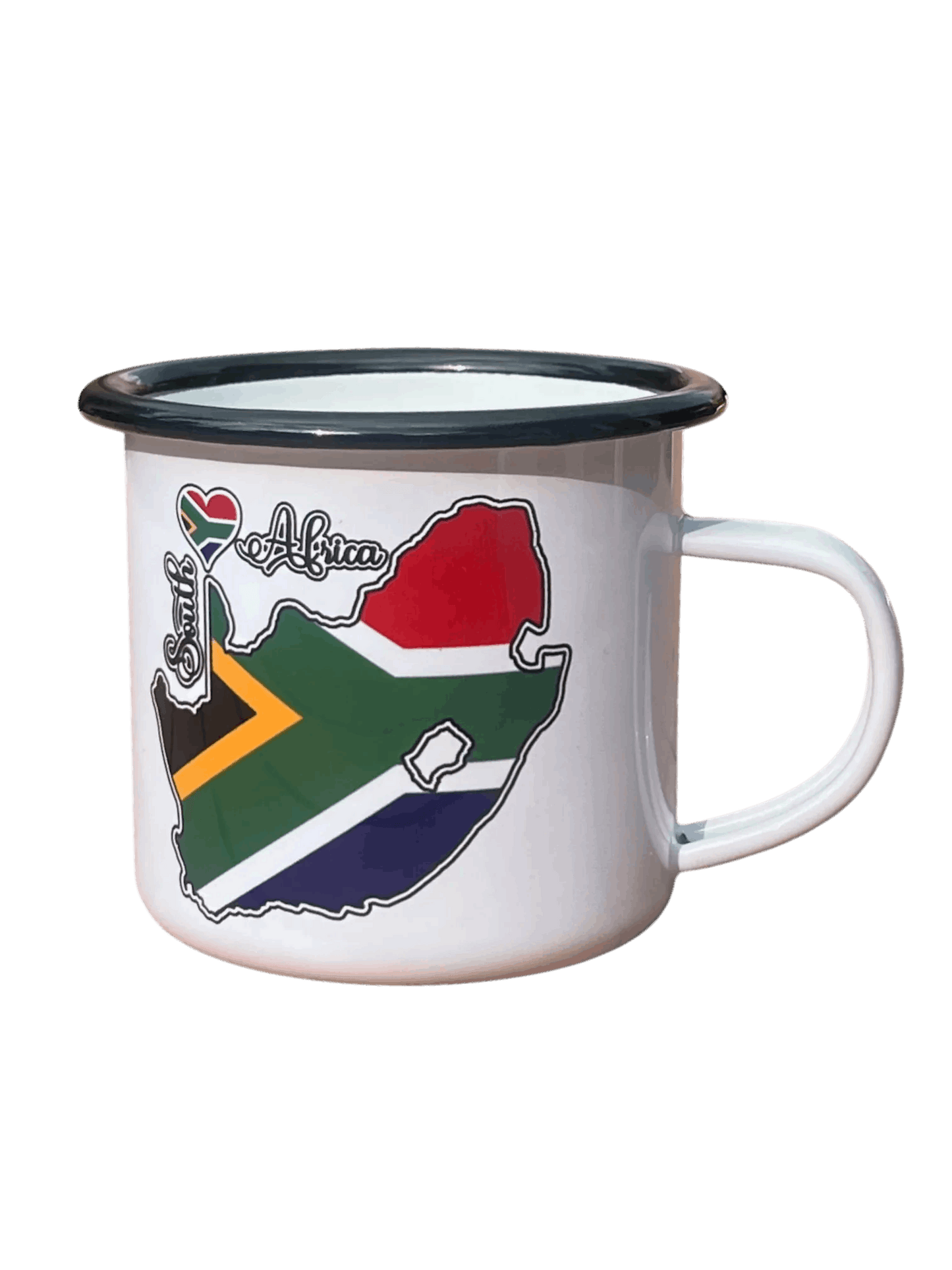 South African enamel mug with flag map design and black rim, durable and lightweight for outdoor or home use.