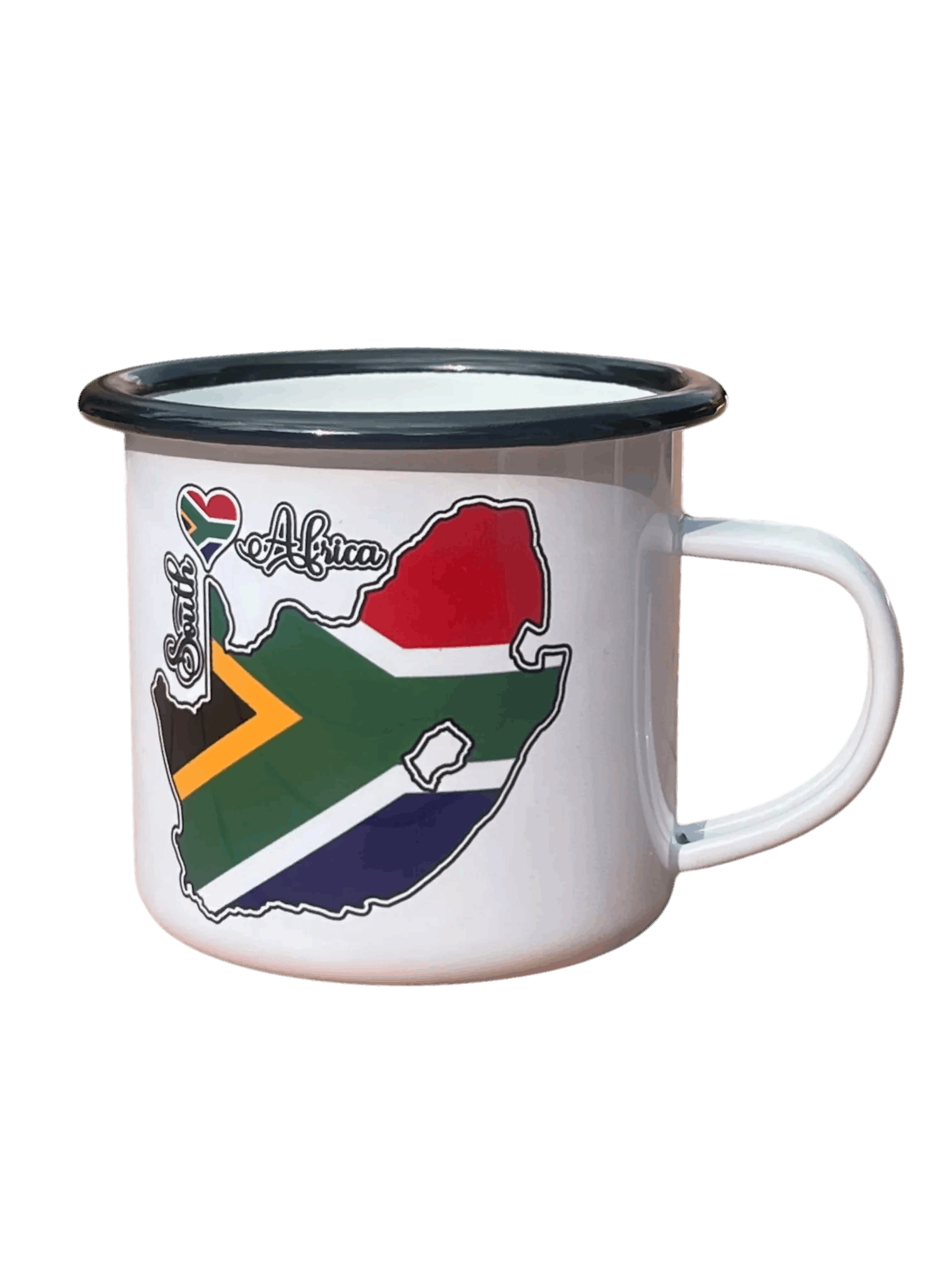 South African enamel mug with flag map design and black rim, durable and lightweight for outdoor or home use.
