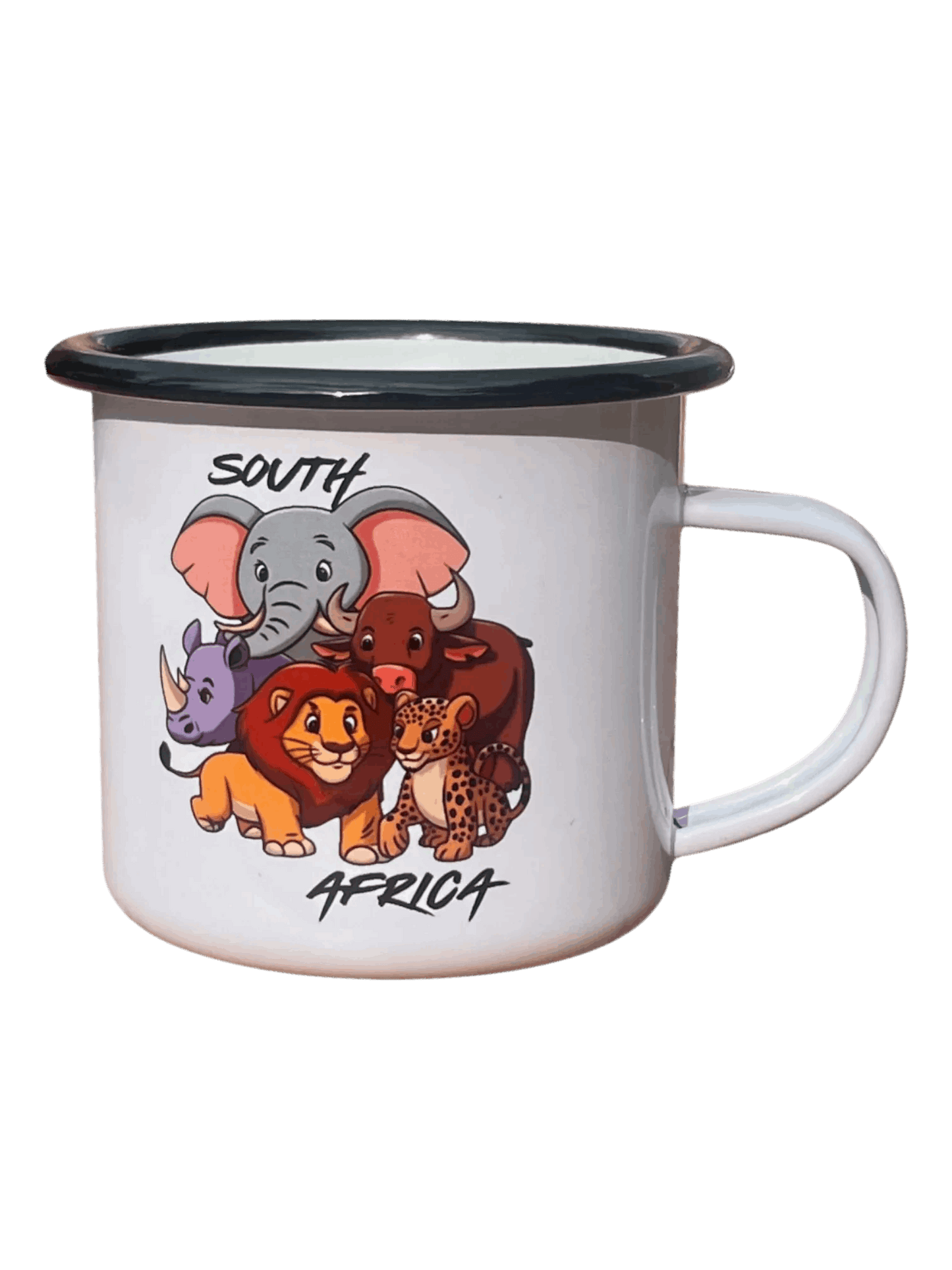 Personalised enamel mug with African wildlife cartoon design, perfect for nostalgic kitchenware or gifting.