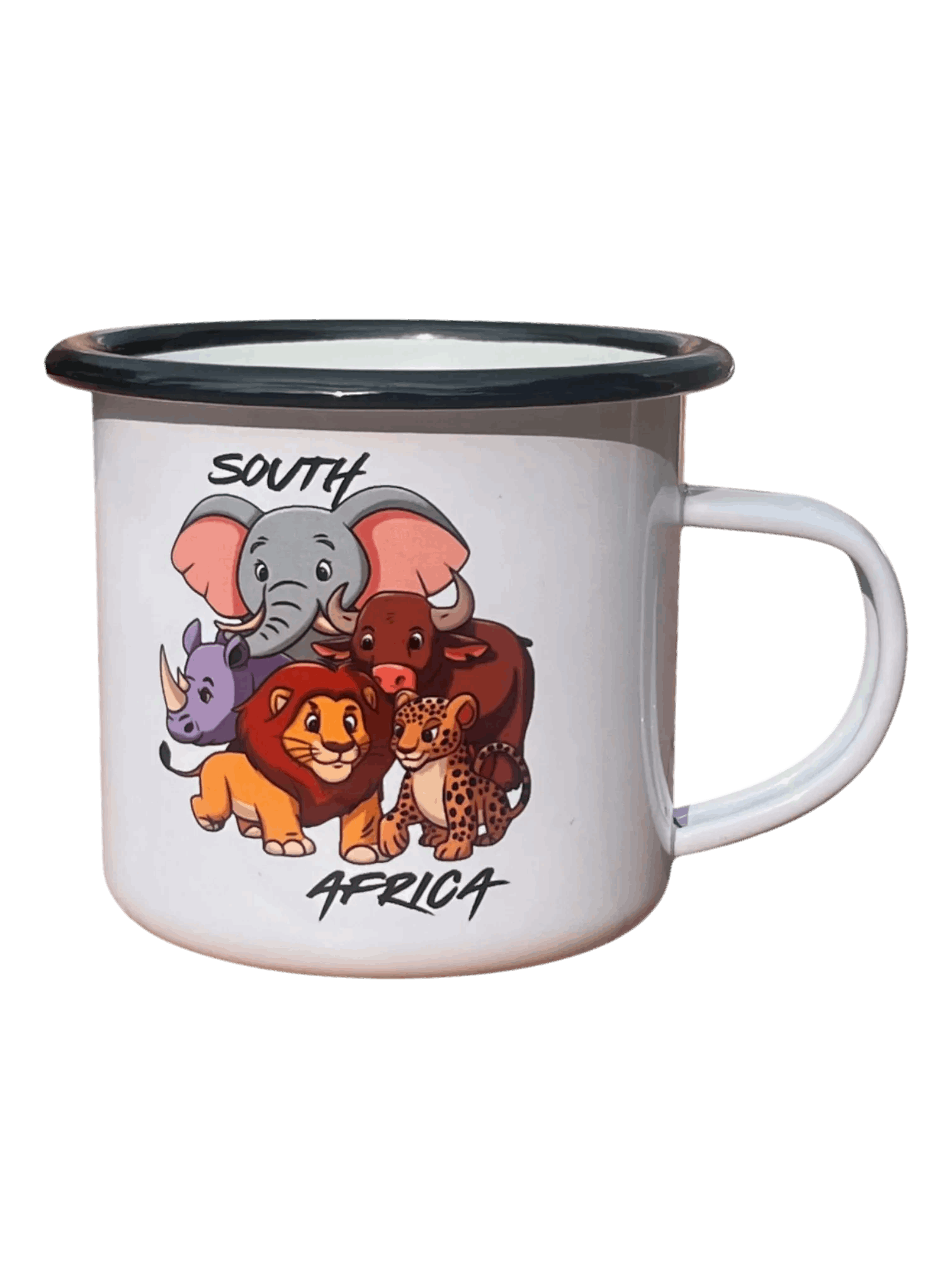 Personalised enamel mug with African wildlife cartoon design, perfect for nostalgic kitchenware or gifting.