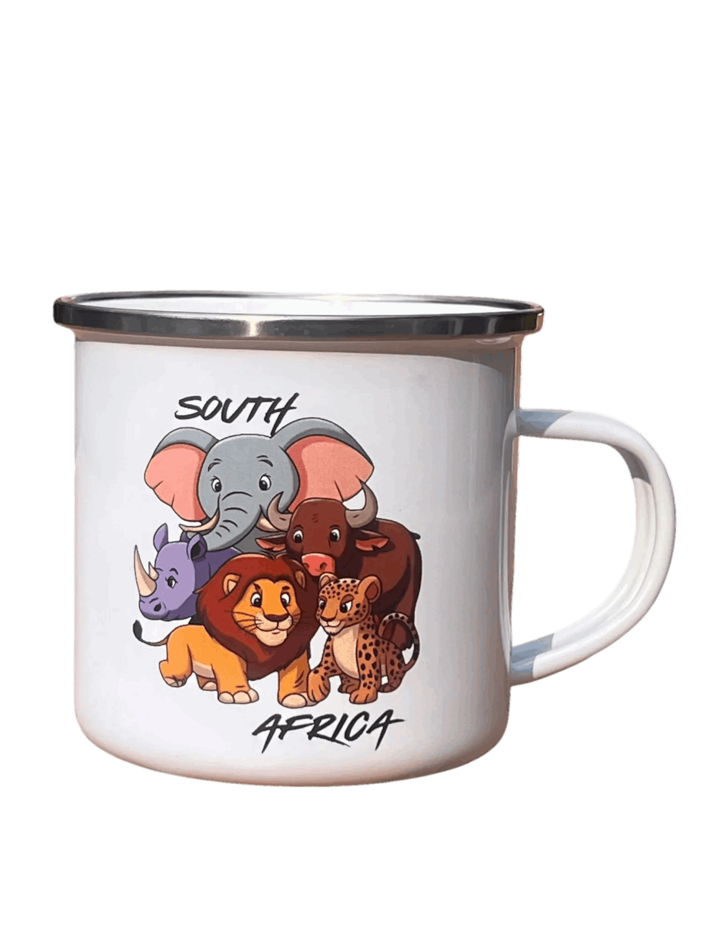 Classic enamel mug with cute African animal cartoon design labeled 'South Africa', great for kids and collectors.