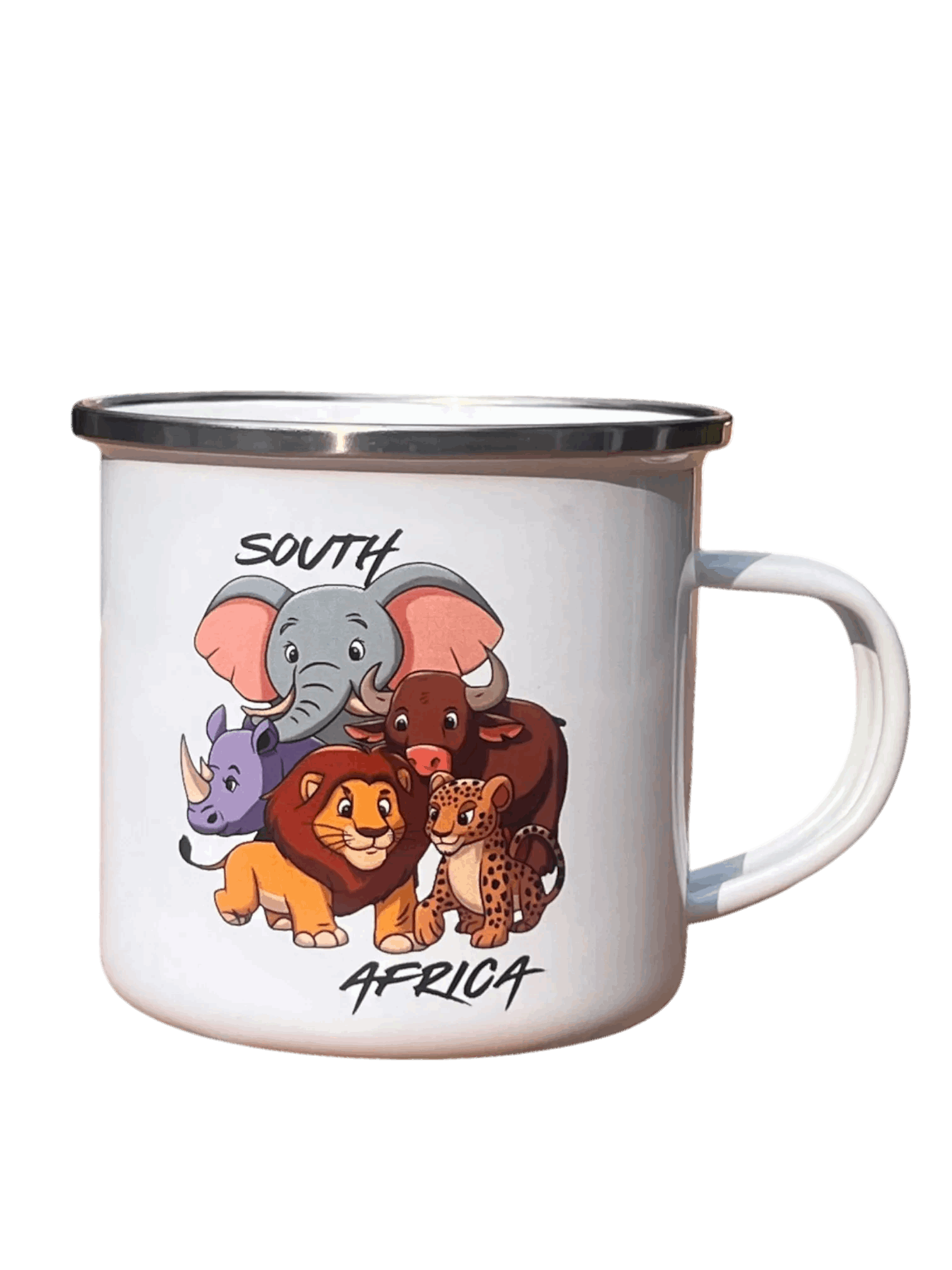Classic enamel mug with cute African animal cartoon design labeled 'South Africa', great for kids and collectors.