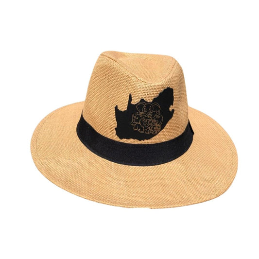 Panama Straw Fedora Unisex Hat wth the Big 5 engraved South African Map