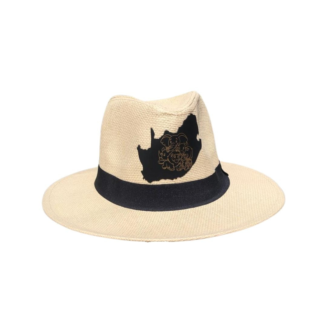 Panama Straw Fedora Unisex Hat wth the Big 5 engraved South African Map