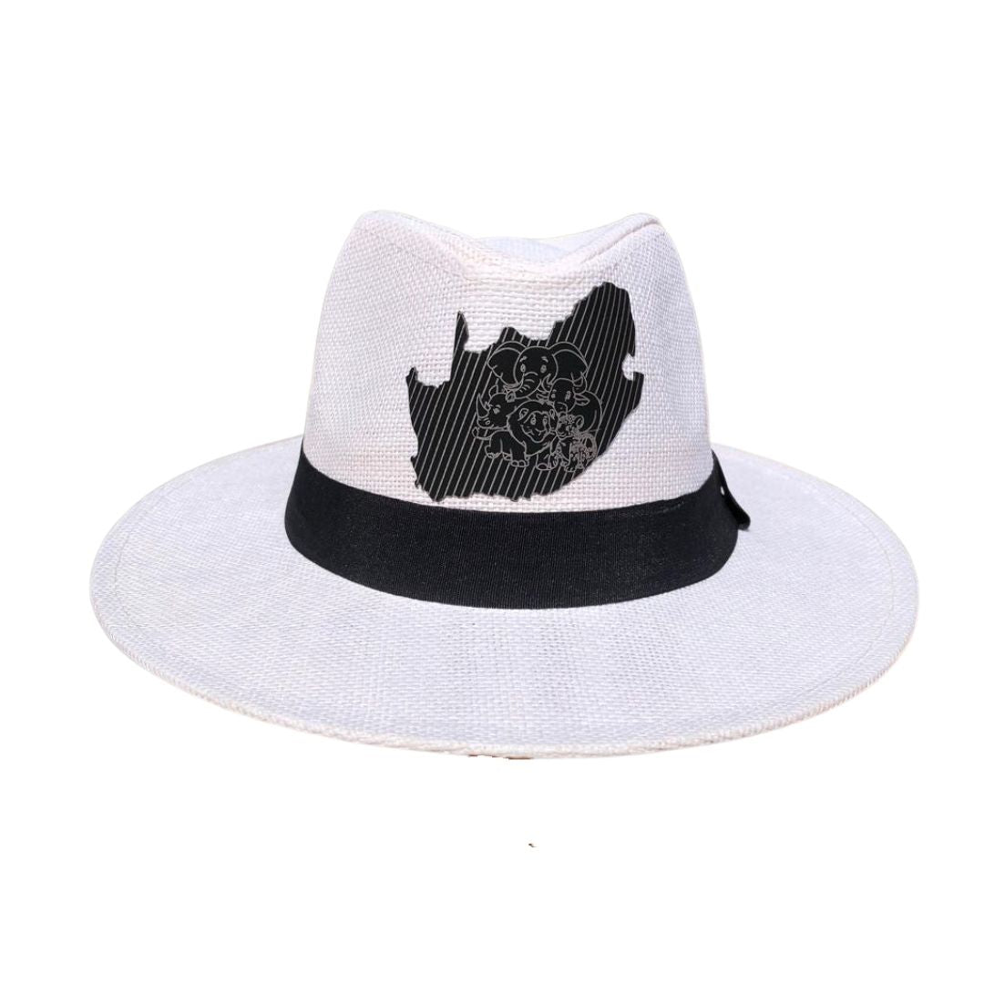 Panama Straw Fedora Unisex Hat wth the Big 5 engraved South African Map