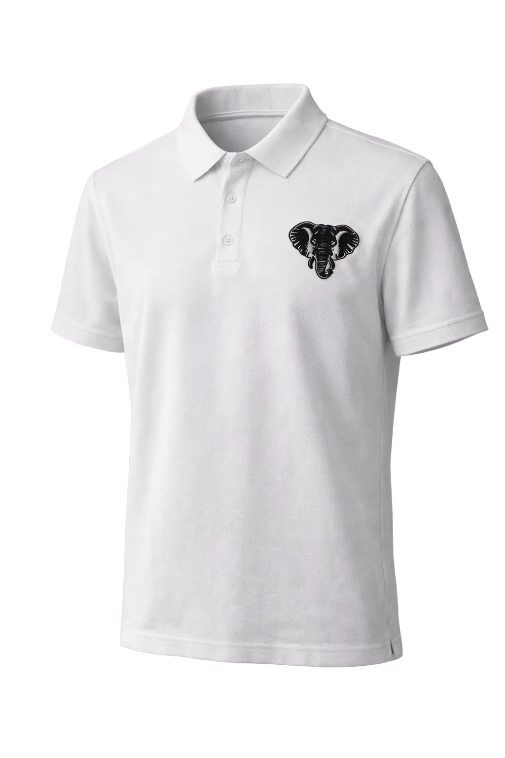 White polo shirt with a black logo on a gray background