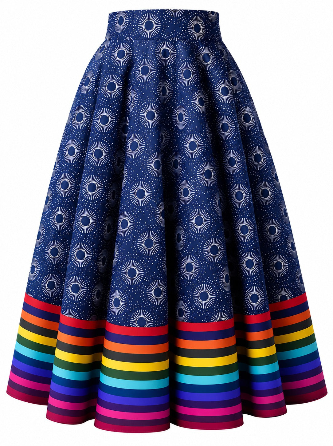 Sunburst Print Pleated Midi Skirt with Rainbow Stripe Hem