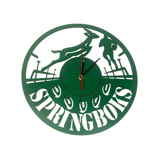 Green clock with 'Springboks' branding on a white background