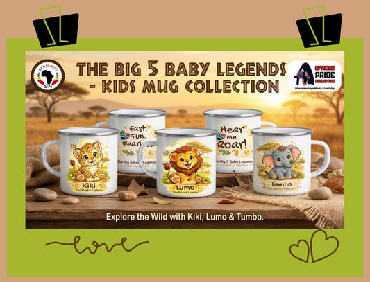 The Big 5 Baby Legends' kids mug collection with cartoon animals on mugs.
