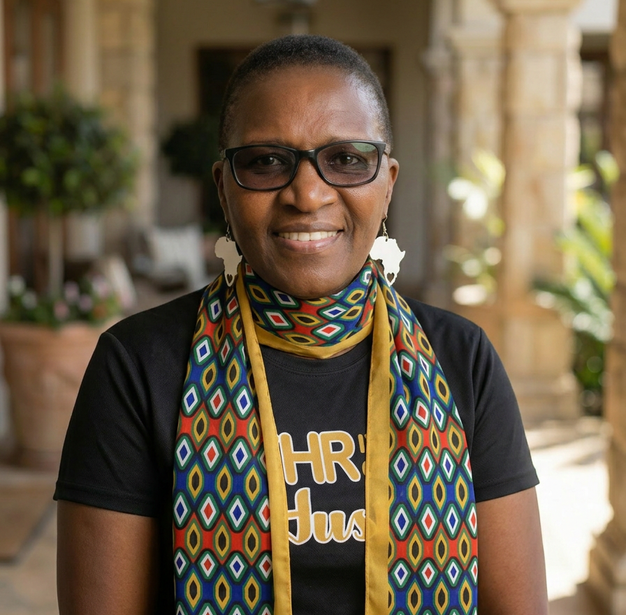 Person wearing a colorful scarf and black shirt with text, standing outdoors.