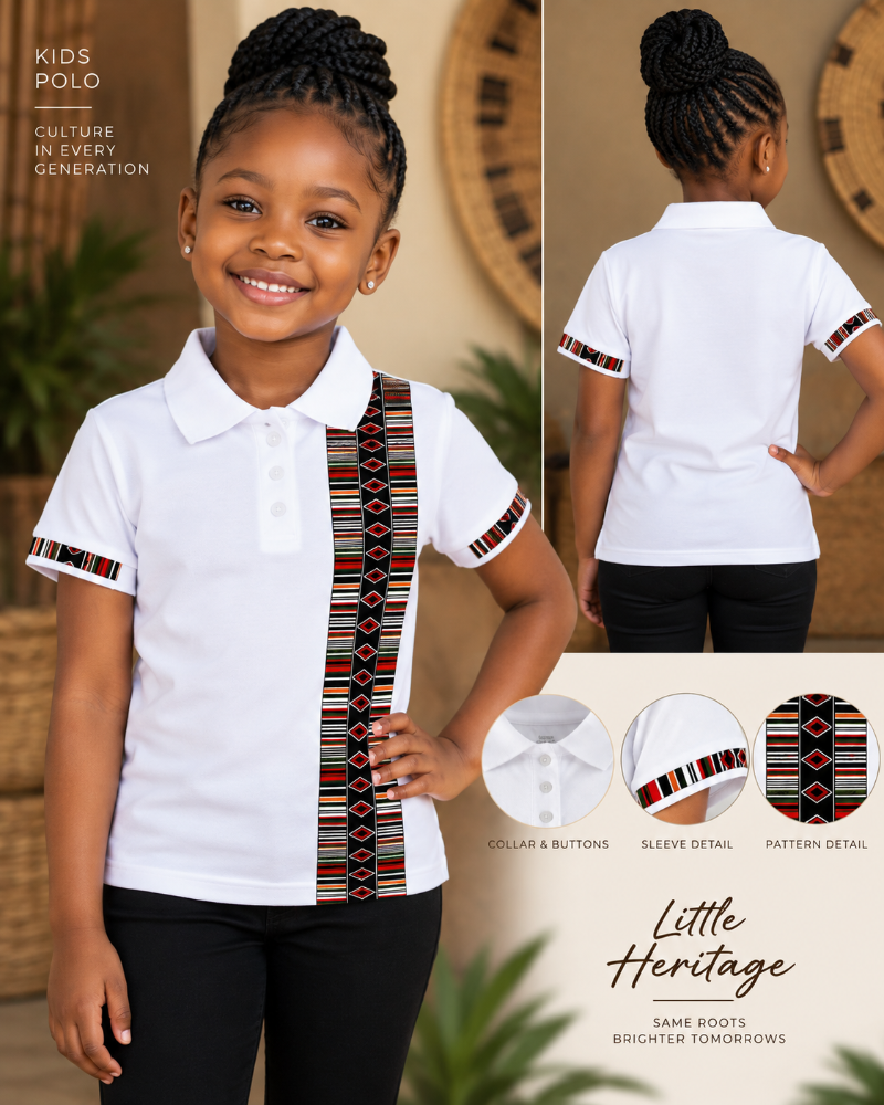 White kids golf shirt with black white and red striped front and sleeve trim