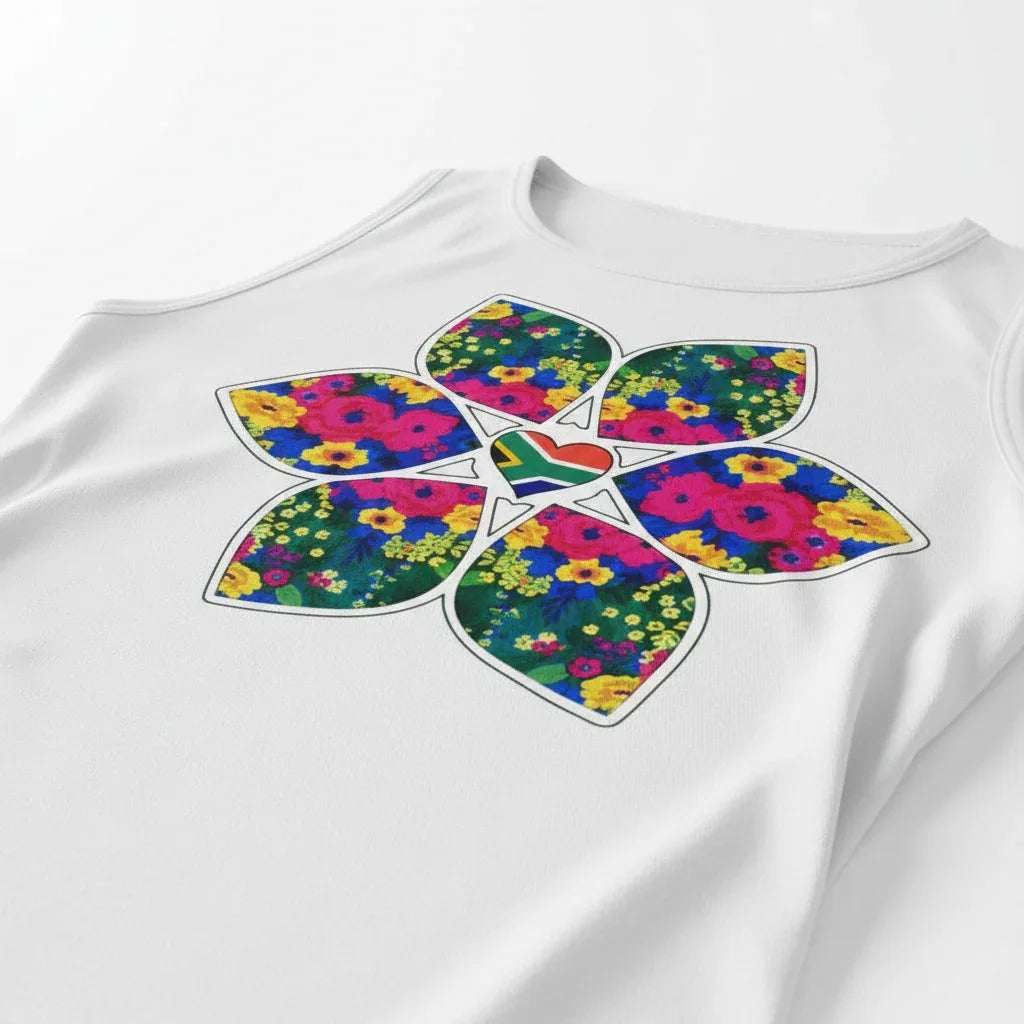 Close-up of sleeveless heritage flower t-shirt showing detailed multicolor floral petal design with heart and flag center on white cotton fabric.