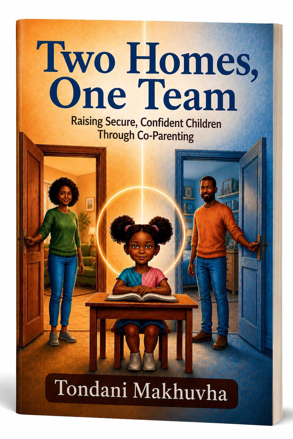 Book cover of 'Two Homes, One Team' by Tondani Makhuvha with a family and child illustration.