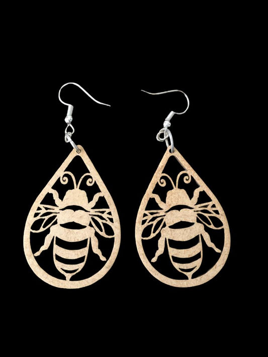 Bee/Honeycomb and Bee in Large Teardrop Wooden Earrings - Laser Cut