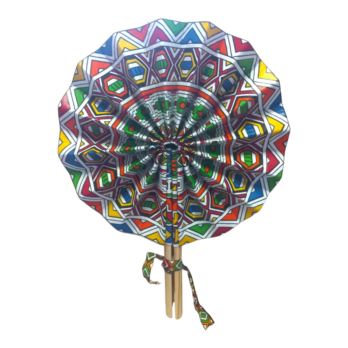 Vhutambo Handmade Foldable African Fabric Fan with Wooden Handles