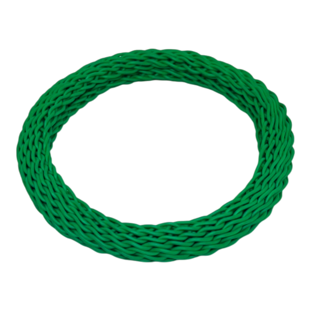 Green woven bangle on a white background