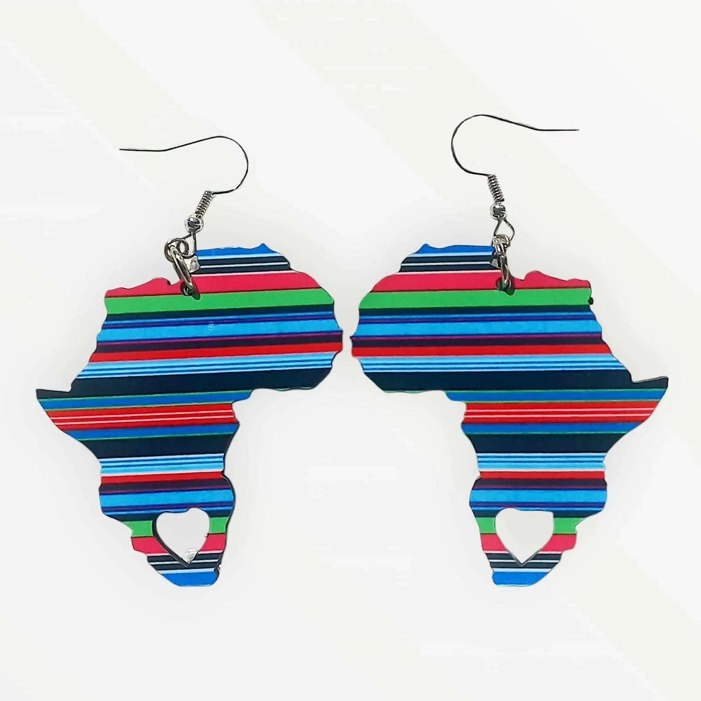 Africa Map Earrings - Multi-colour Venda Stripes - Blue - African Pride Collection
