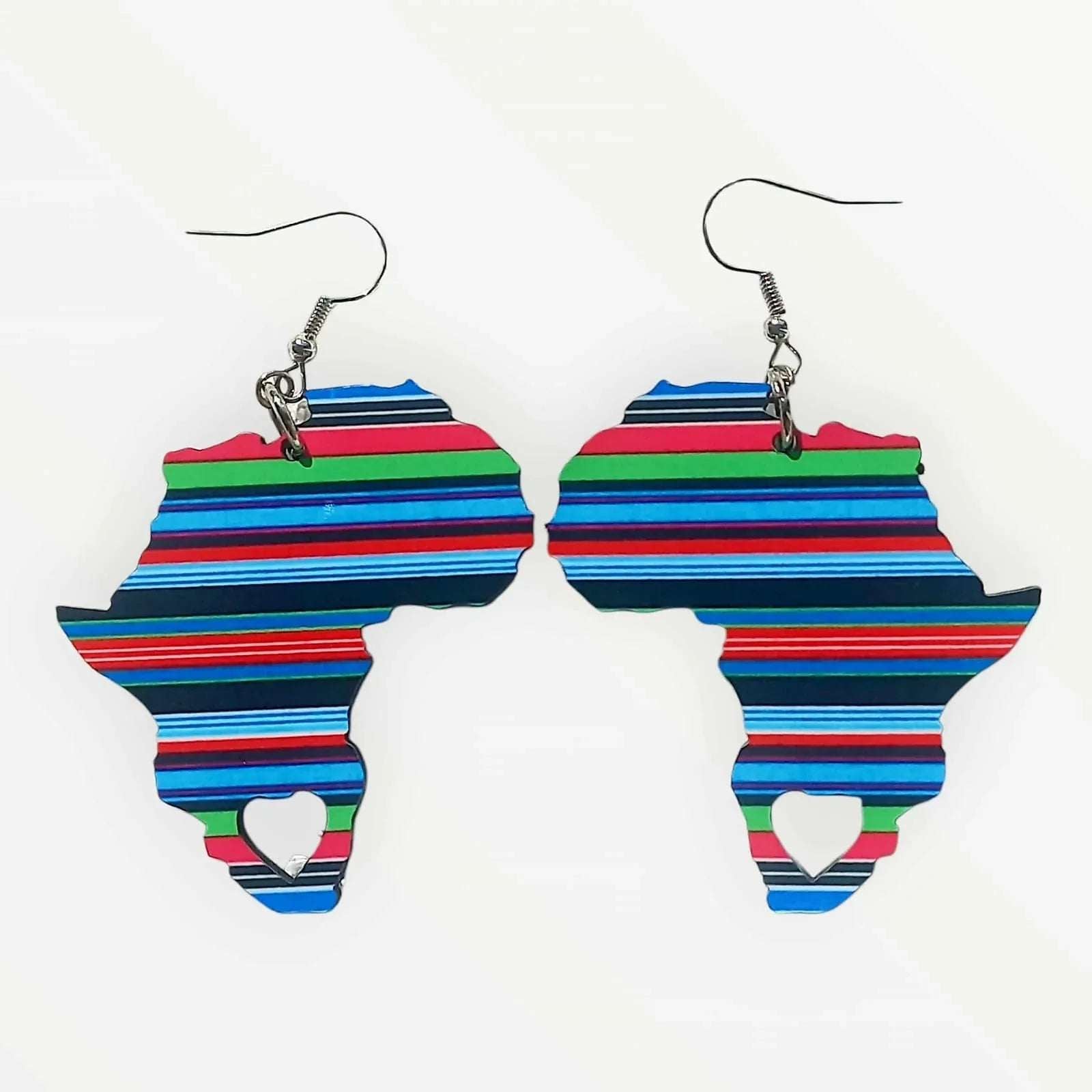 Africa Map Earrings - Multi-colour Venda Stripes - Blue - African Pride Collection