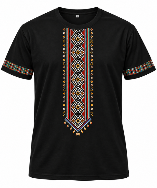 Black geometric T-shirt on a white background
