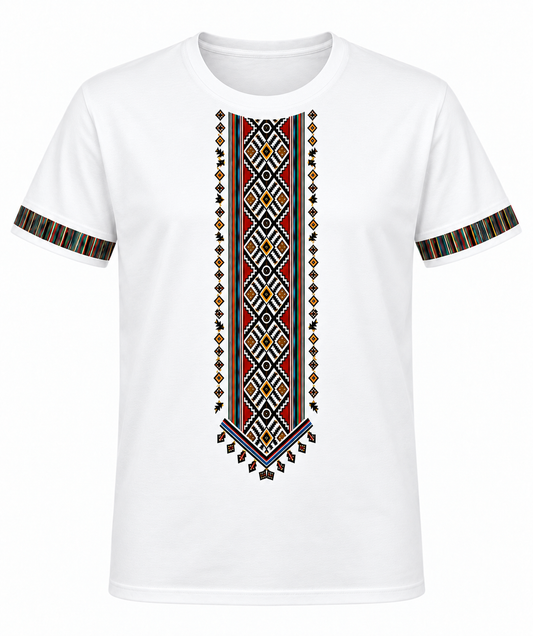 White geometric T-shirt on a white background