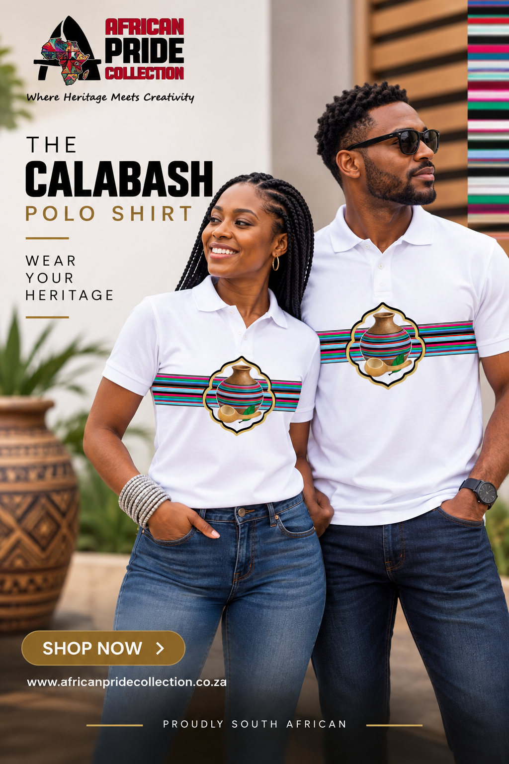 Two models wearing white Calabash polo shirts from African Pride Collection.