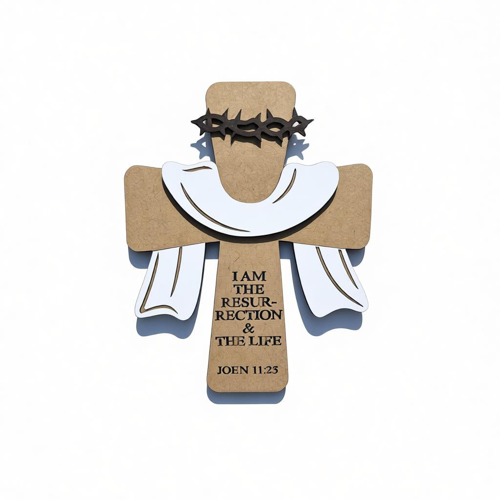 Wooden Christian Cross with White Cloth and Thorn Crown