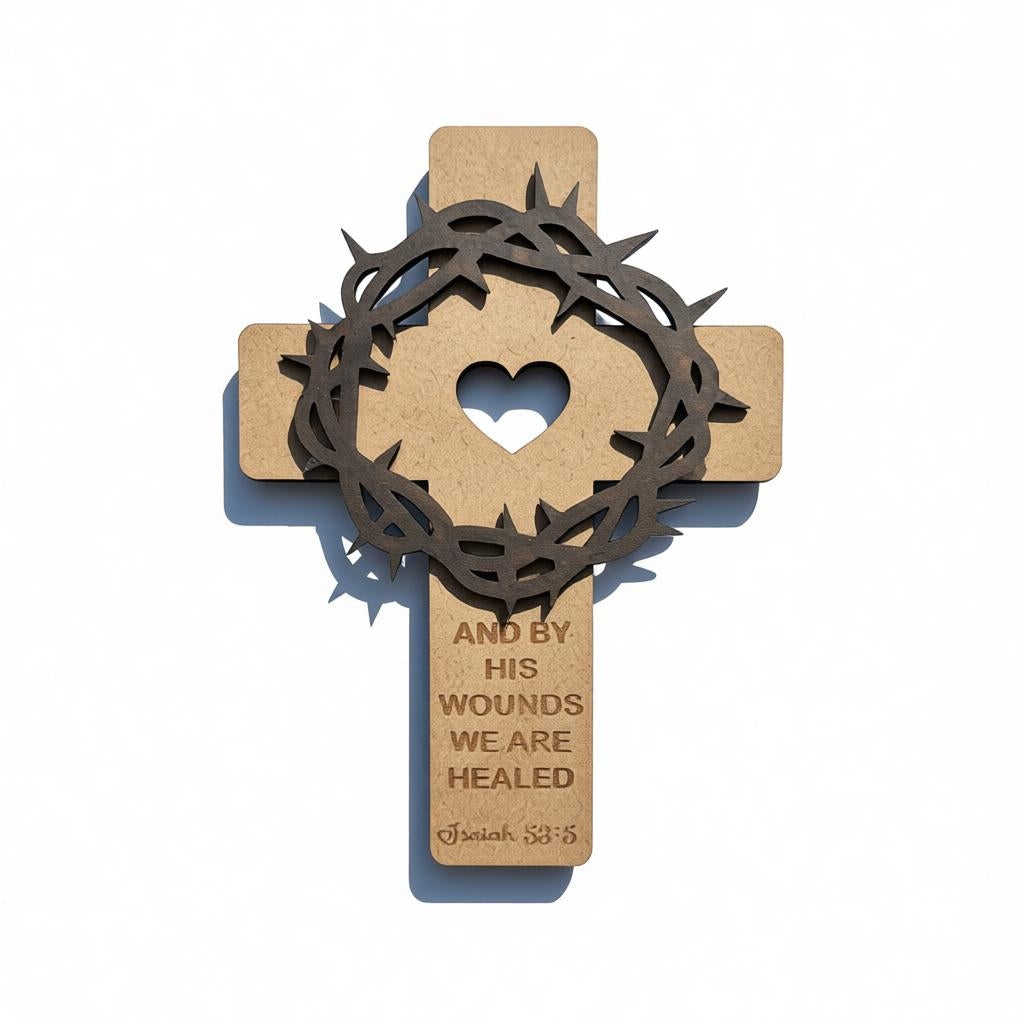 Wooden Christian Cross with Crown of Thorns Decor