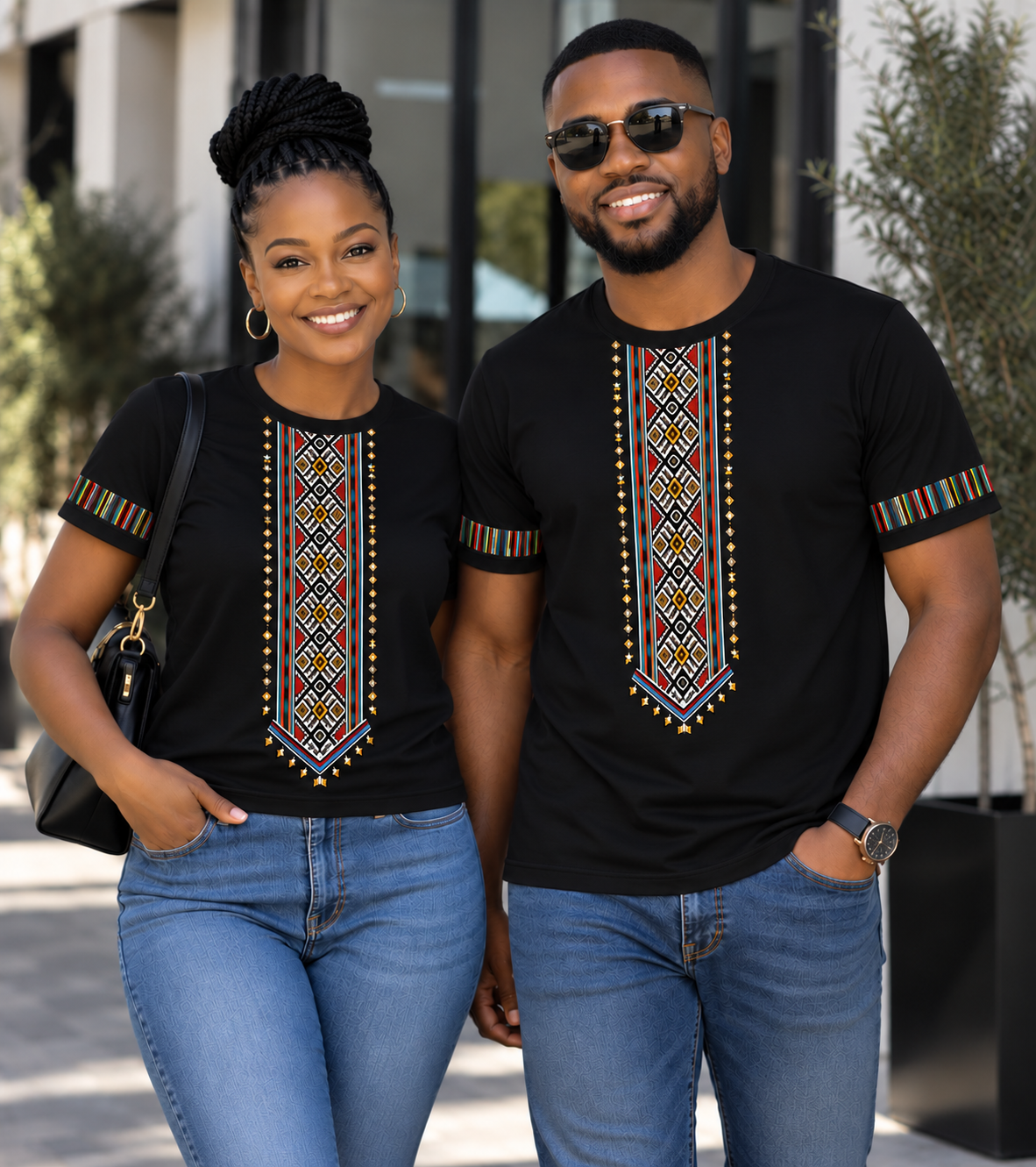 Couple wearing matching black geometric T-shirts