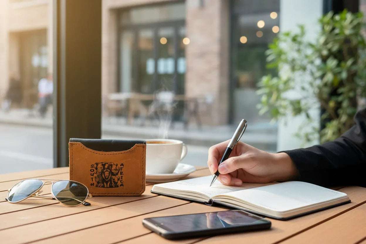 Slim 2-Card Leather Wallet – Big 5 Engraved African Design placed on café table beside sunglasses and coffee, ideal for travel and everyday use.