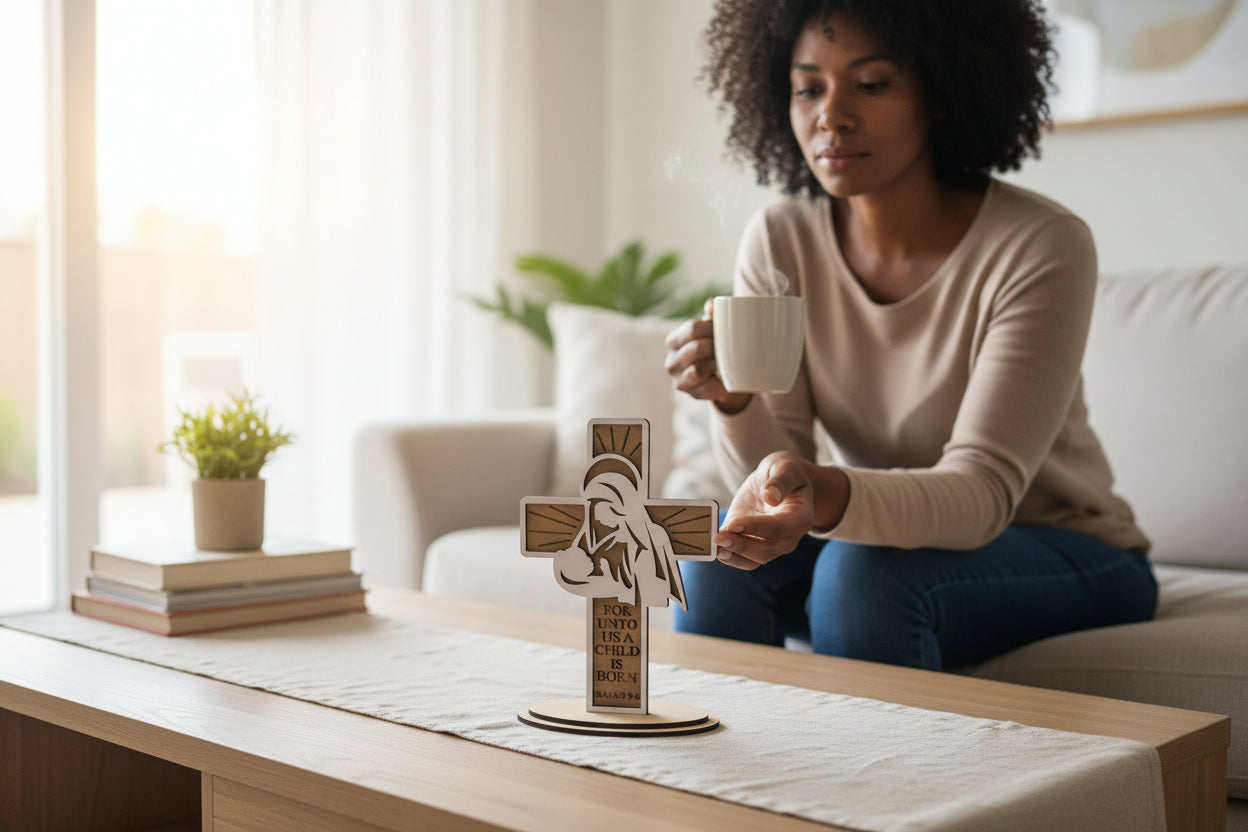 Wooden Christian Cross with Mother Mary Figure