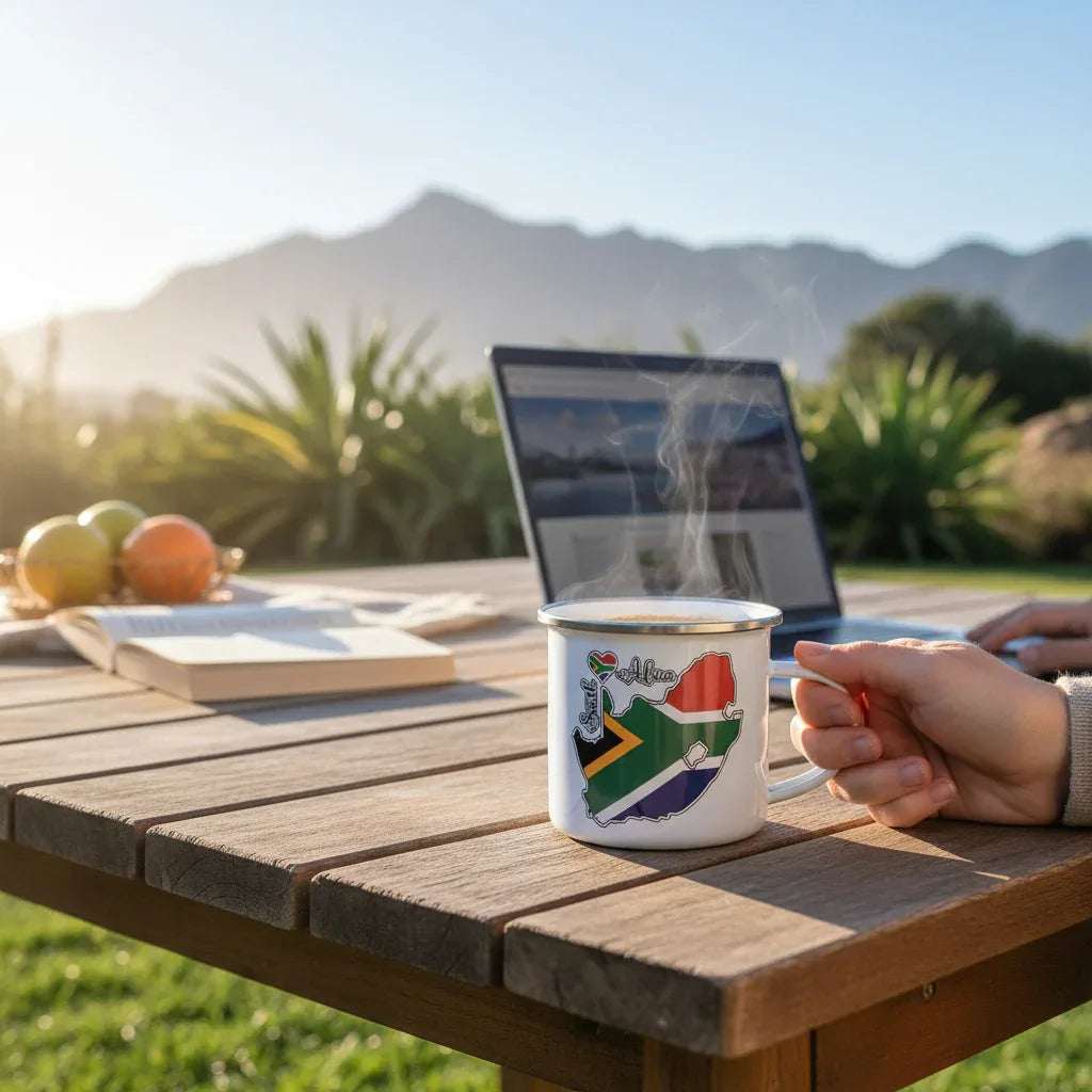 Custom enamel mug with South African flag design on a wooden table, ideal for work-from-home or travel settings.